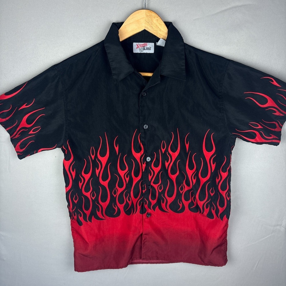 Xtreme Limit Vintage Y2K Flame Print Button Up Shirt Youth 10/12 XL Black Red